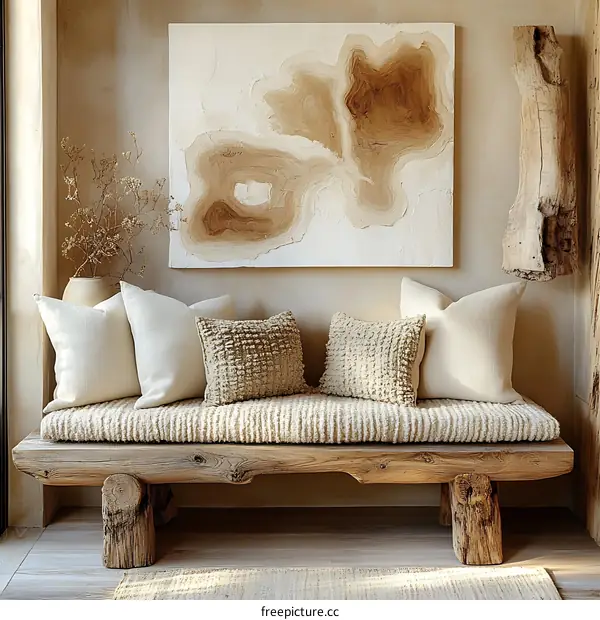 Rustic Wooden Bench with Beige Cushions and Abstract Art