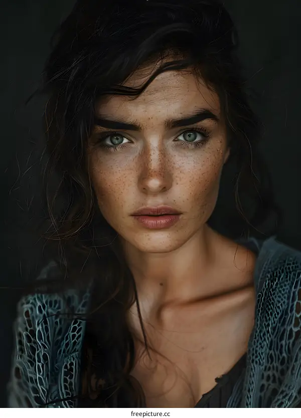 Portrait of a Young Woman with Freckles and Green Eyes