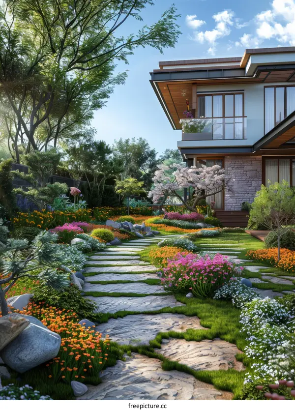Beautiful Modern Home Garden Design Illustration
