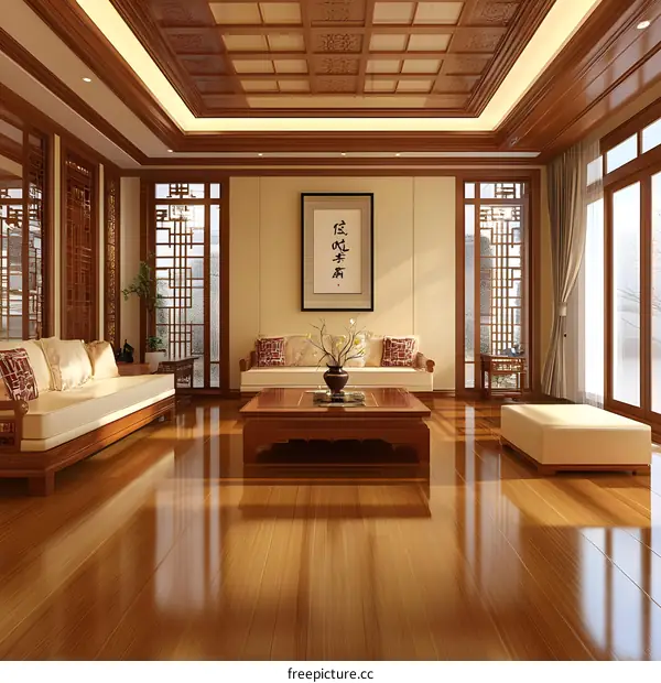 Modern Chinese Style Living Room Interior Design with Wooden Ceiling