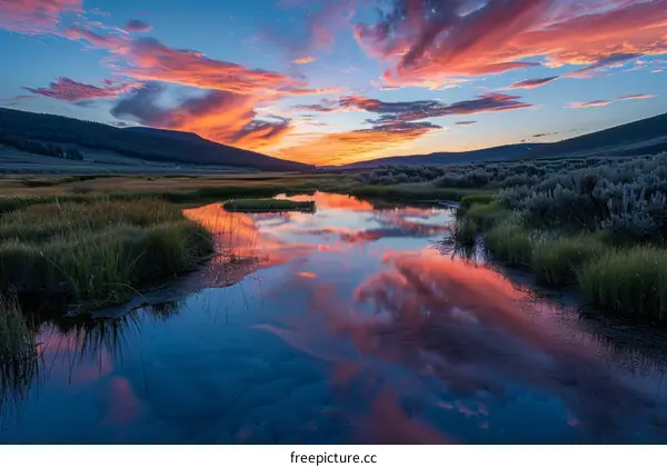 vibrant sunset sky and its reflection on the river water surface