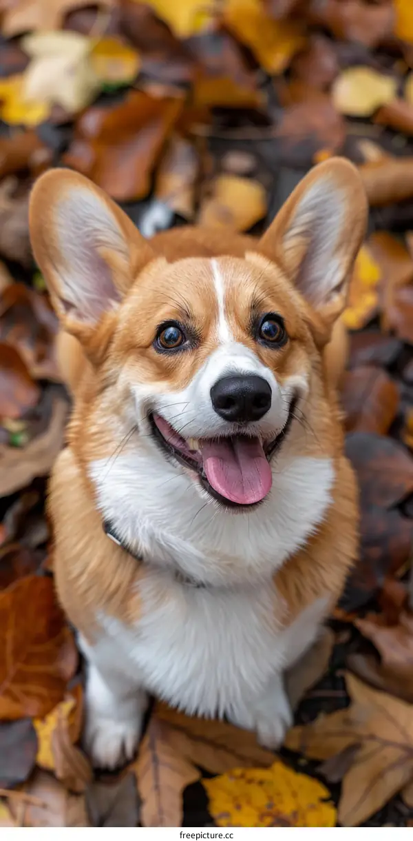 A happy corgi sits in a pile of fallen leaves