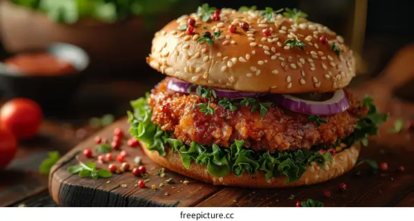 A delicious crispy chicken burger with lettuce, red onion, and sesame seed bun