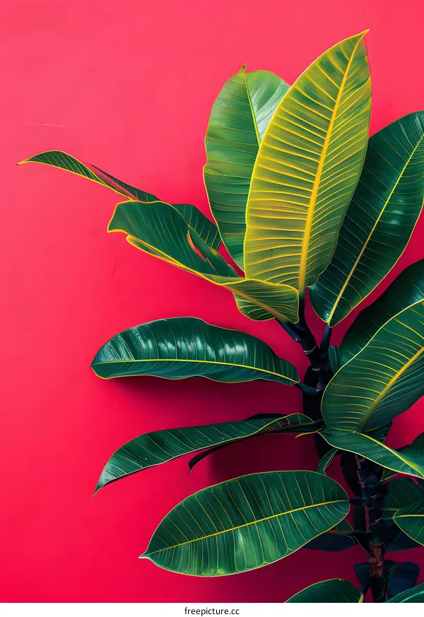 Green Leaves on Pink Wall Tropical Minimalist Background