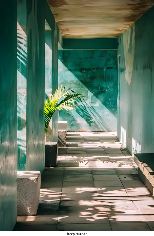 Green Wall Passage with Sunlight and Palm Tree