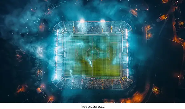 Aerial view of a soccer stadium at night with fireworks going off