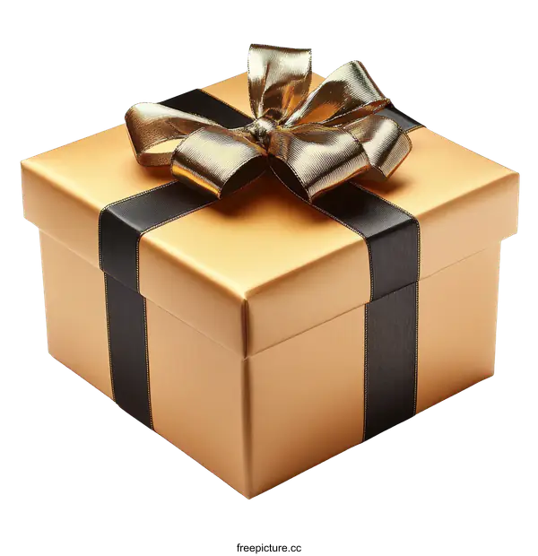 [Transparent Background PNG]Golden Gift Box with Black Ribbon