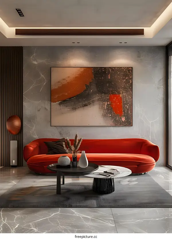 Modern living room with red sofa and marble wall decoration