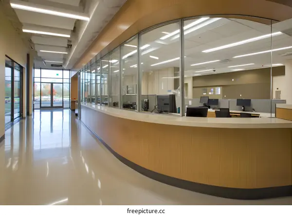 Modern Office Hallway with Curved Glass Partition