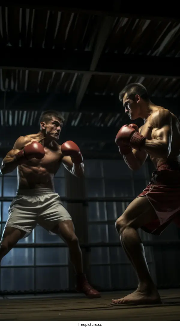 Two muscular men in a boxing match