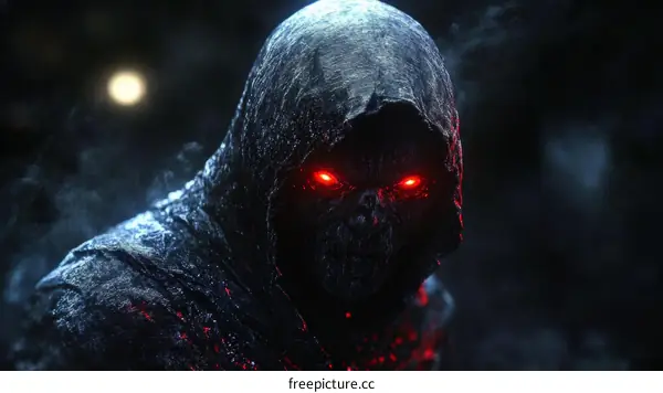 Mysterious hooded figure with glowing red eyes