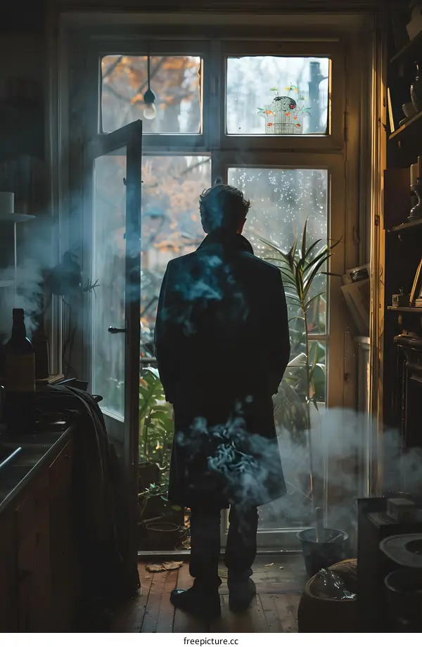 Man standing in front of the door with smoke around him