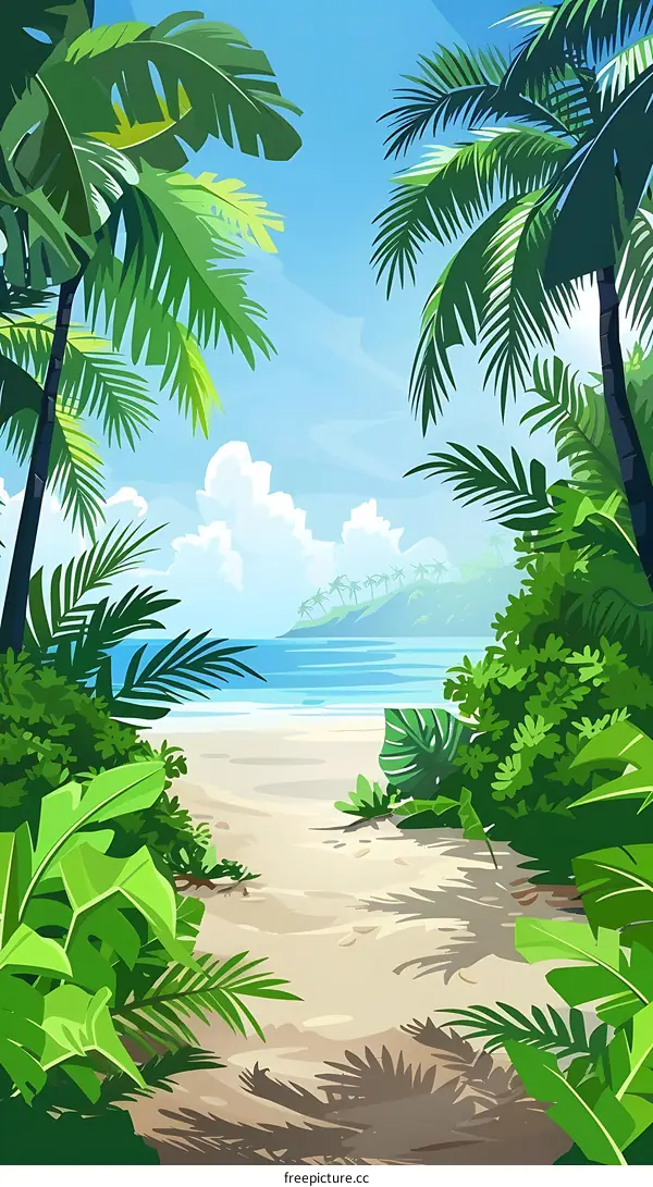 Tropical Beach Landscape with Palm Trees and a Path to the Sea