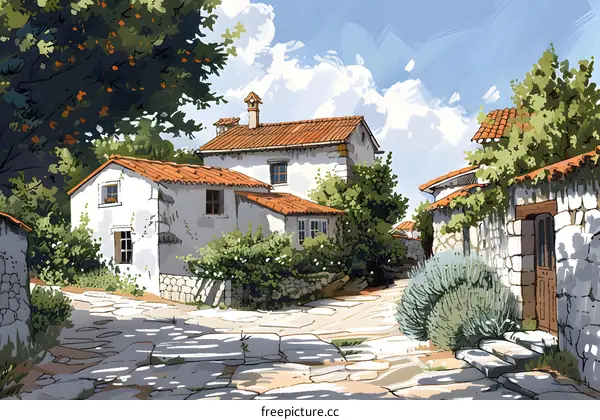 A narrow street in a small European town with stone houses and a cobblestone street