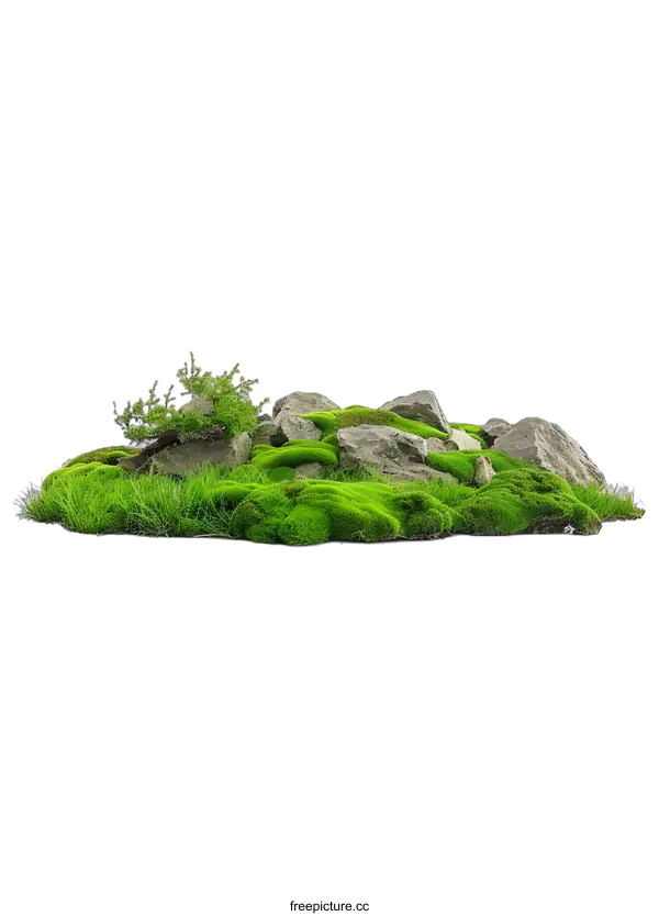[Transparent Background PNG]Green Moss and Rocks Isolated on White Background