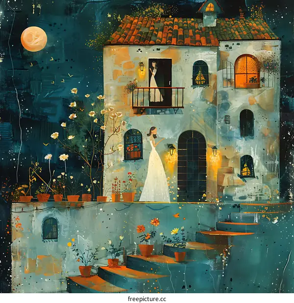 Two women in front of a house at night