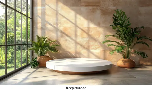 Modern Minimalist Display Podium with Sunlight and Lush Plants