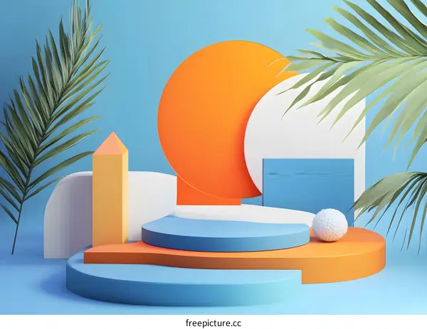 Abstract Minimalist Product Display with Palm Leaves and Colorful Geometric Shapes
