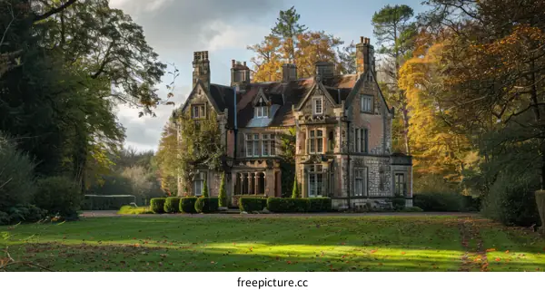 A large stone country house with a big lawn and lots of trees
