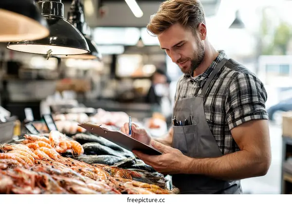Seafood Market Worker Checking Inventory