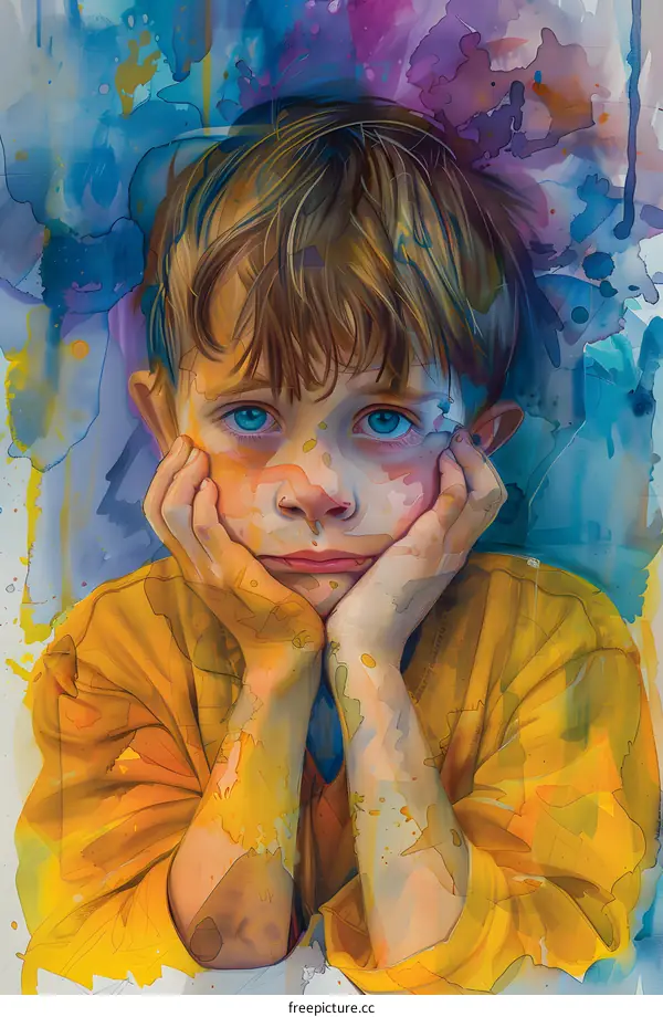 Portrait of a boy with blue eyes and brown hair wearing a yellow shirt