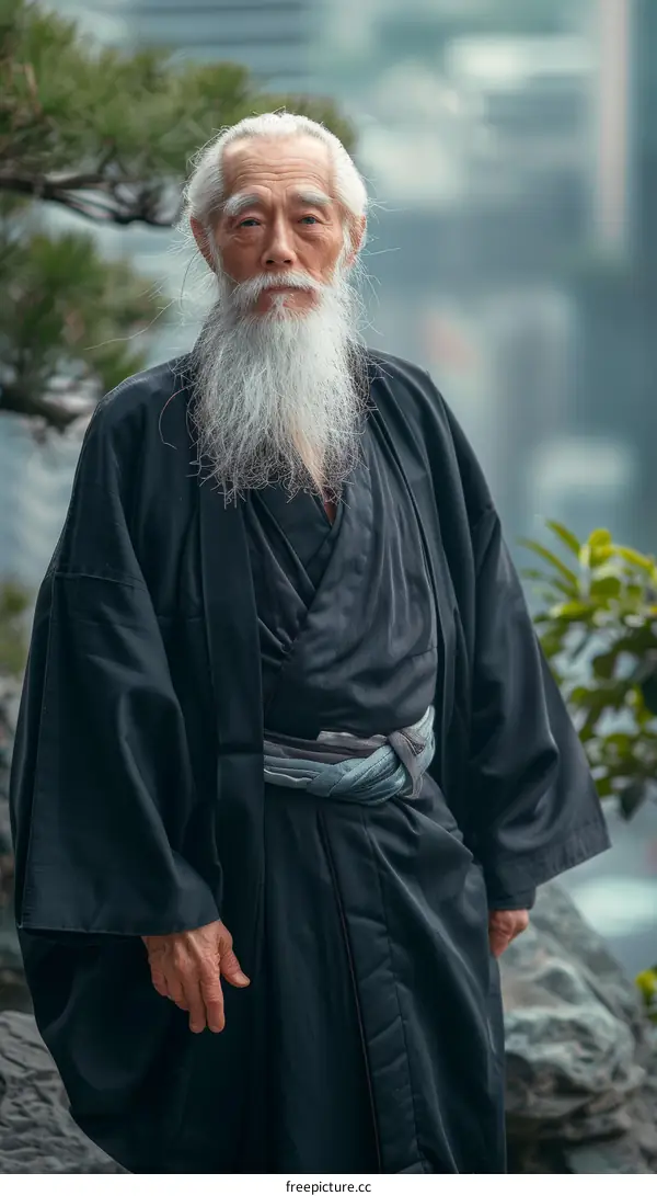 Portrait of a wise old Asian man with a long white beard