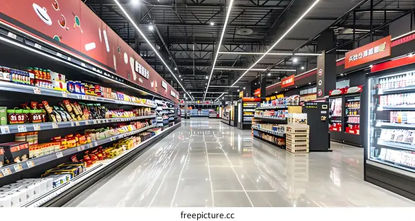 Modern Grocery Store Interior With Bright Lighting And Full Shelves