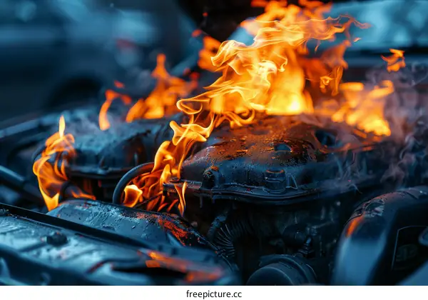 Fiery Car Engine: Flames Erupting from Automotive Powerhouse