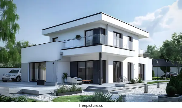 Modern White House with Balcony and Garden