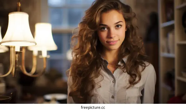 Portrait of a beautiful young woman with long brown hair and green eyes