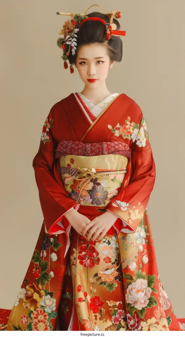 A Japanese woman wearing a red kimono with floral patterns