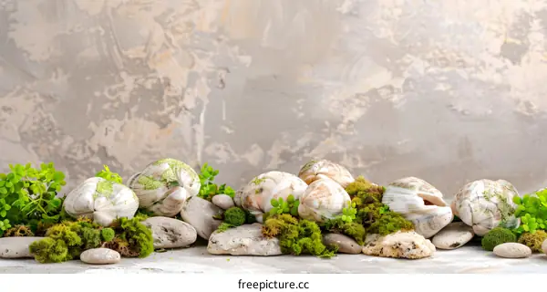 Seashells and Moss on a Grey Background