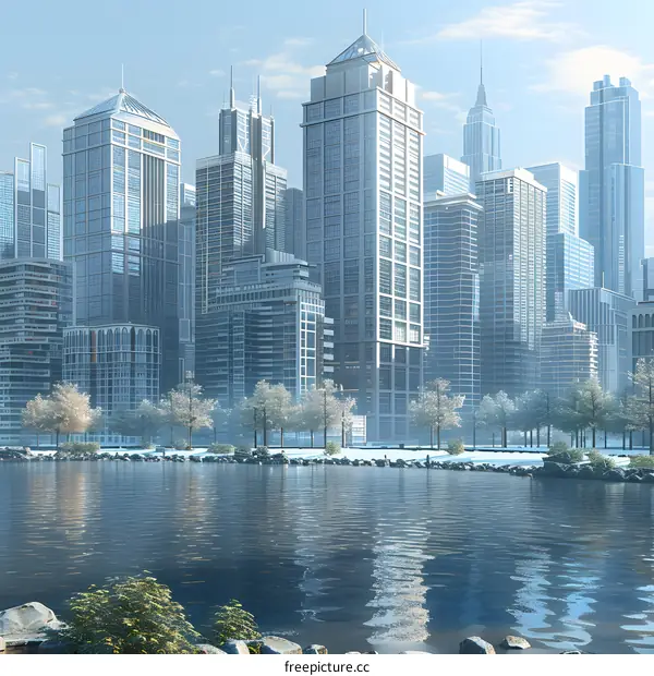 A cityscape of a modern city with skyscrapers and a river in the foreground