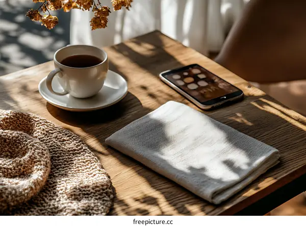 Wooden Table with Coffee Cup, Smartphone, Cloth Napkin and Hat in Morning Sunlight