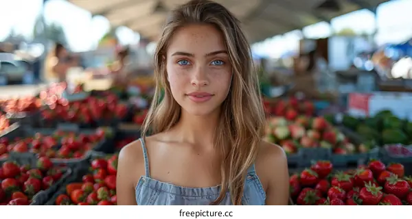 portrait of a young woman with freckles and blue eyes at a farmers market