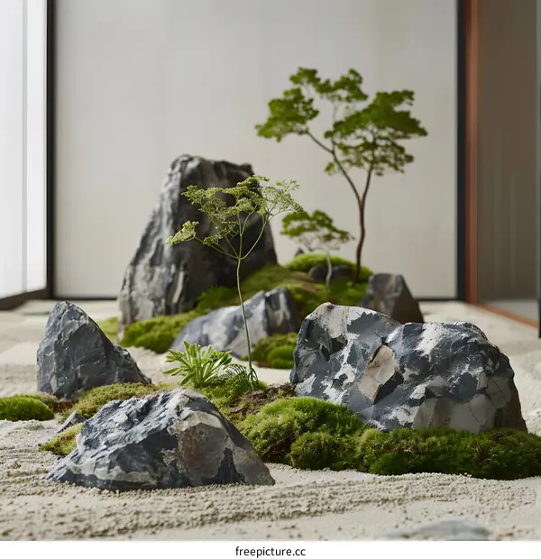 Zen Garden Design with Rocks, Moss, and Small Trees