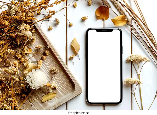 White Wooden Background With Dried Flowers and Smartphone