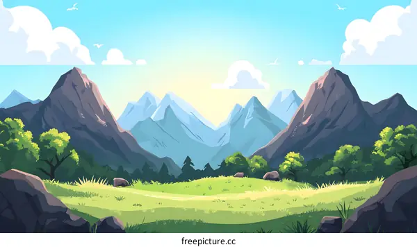 Mountain Landscape Illustration With Green Grass And Blue Sky