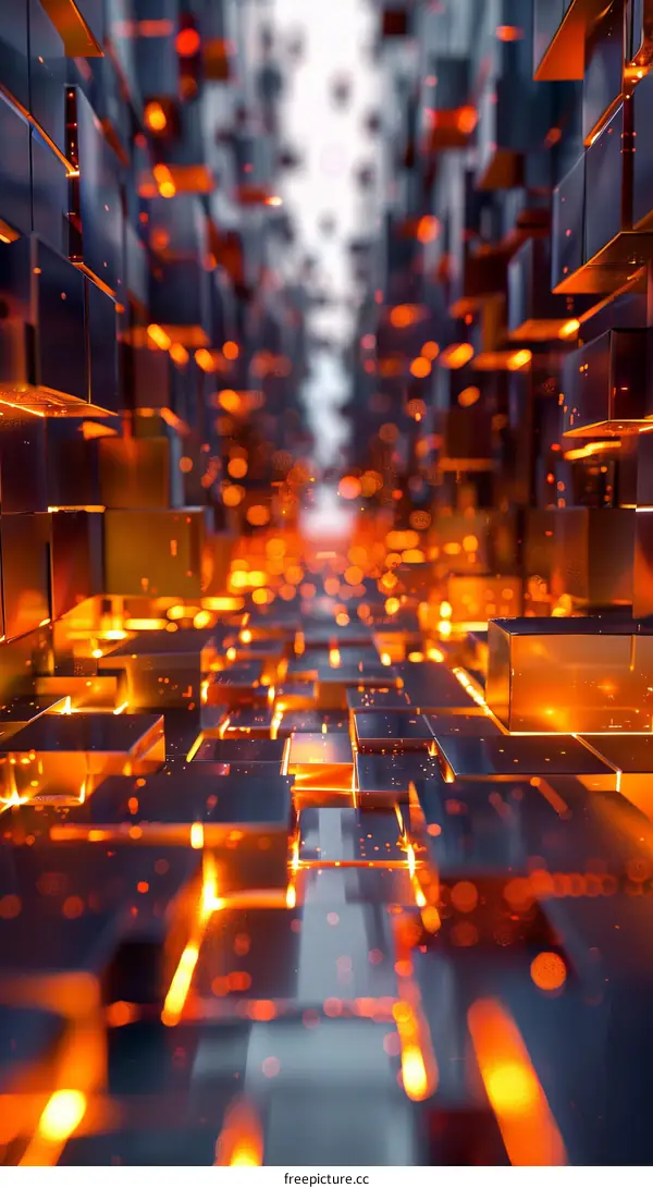 Futuristic City with Glowing Orange Cubes and Reflections