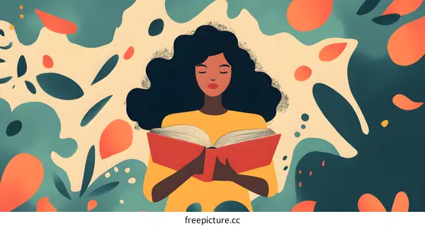 Woman Reading Book with Abstract Background