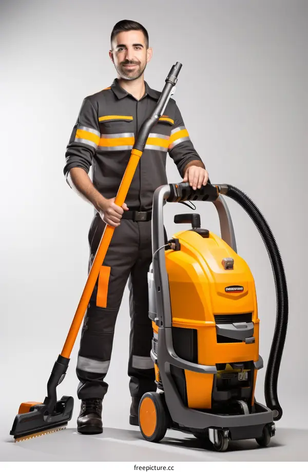A smiling man with a vacuum cleaner