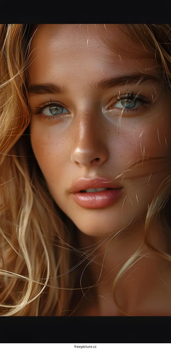 portrait of a beautiful woman with blonde hair and blue eyes