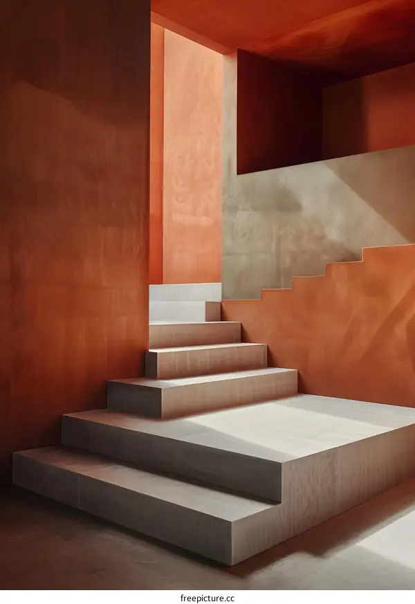 Modern Minimalist Concrete Staircase with Red Walls