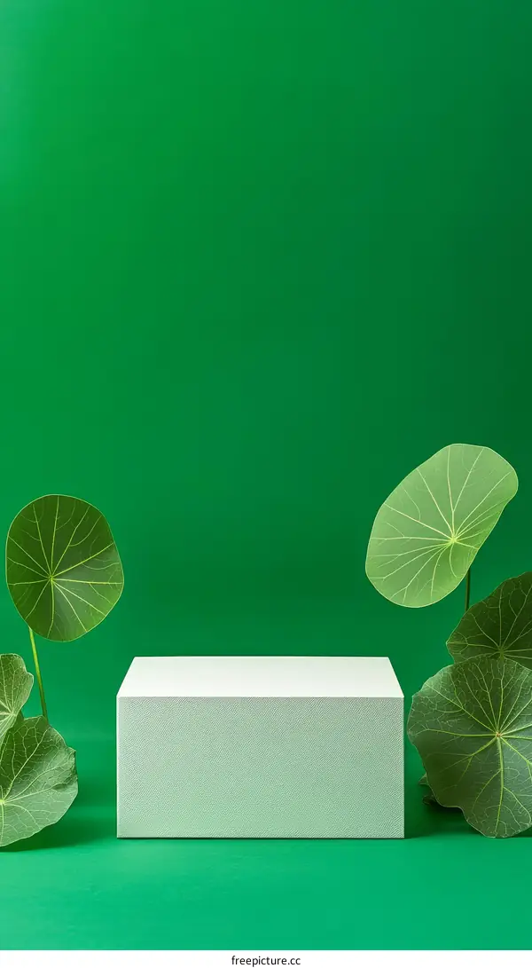 Empty White Display Podium with Green Leaves