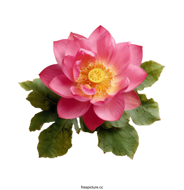 [Transparent Background PNG]Beautiful Pink Lotus Flower with Green Leaves