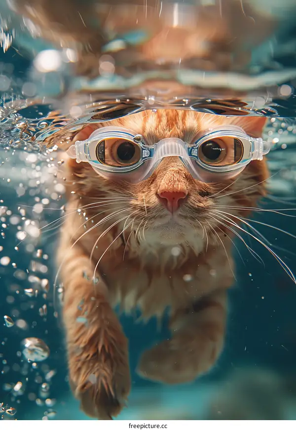 A ginger cat swimming underwater with swimming goggles
