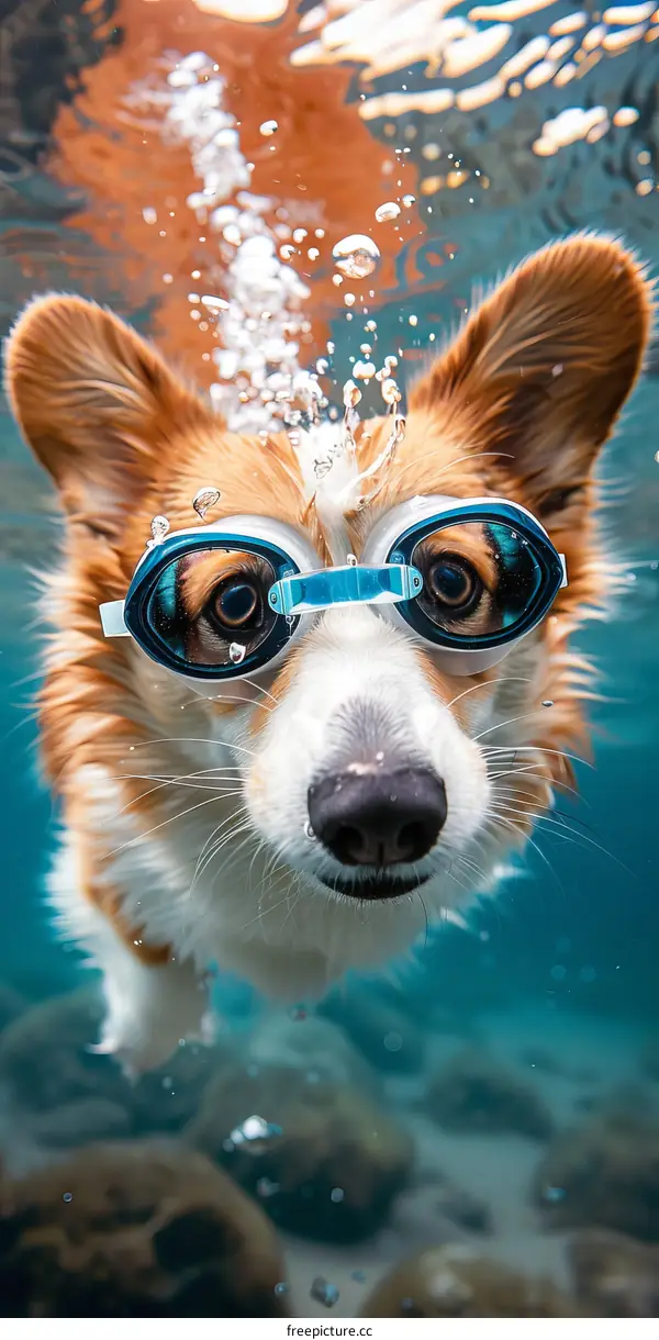 A cute corgi dog wearing swimming goggles swims underwater
