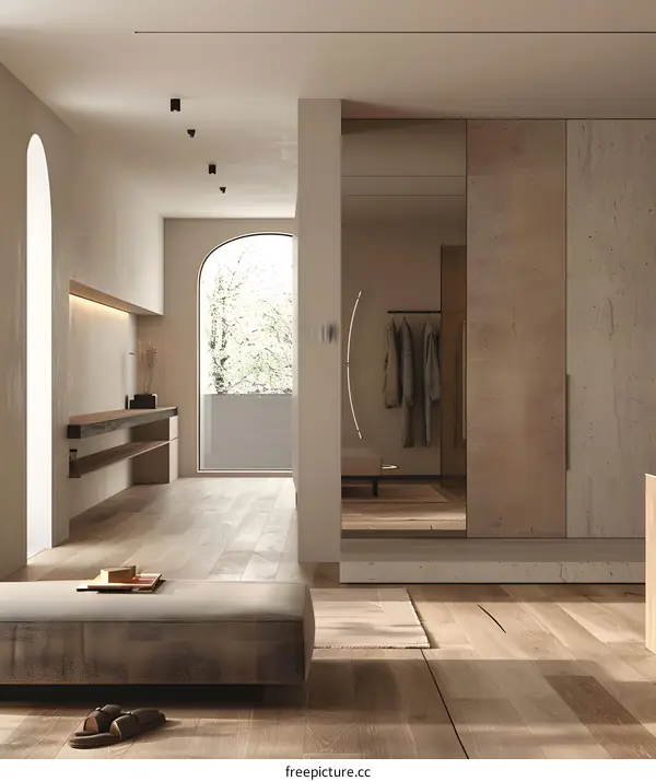 Minimalist Interior Design with Wooden Floor and Arch Window