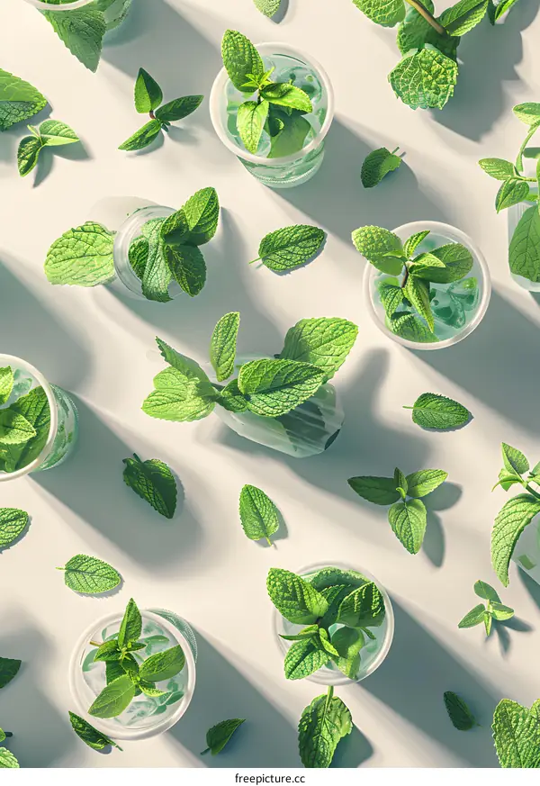 Fresh Mint Leaves in Glasses with White Background
