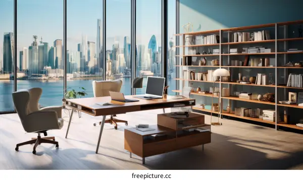 Office interior with a large desk, a comfortable chair, and a bookshelf.